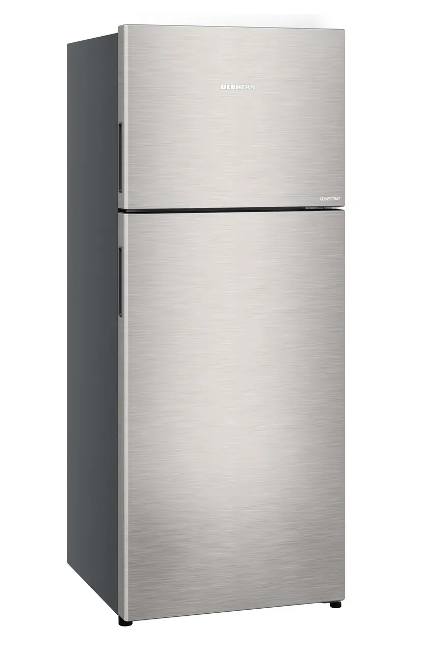 Product image, Perspective: oblique closed, Fridge-freezer with NoFrost, Casing colour: grey, Door colour: Stainless Steel