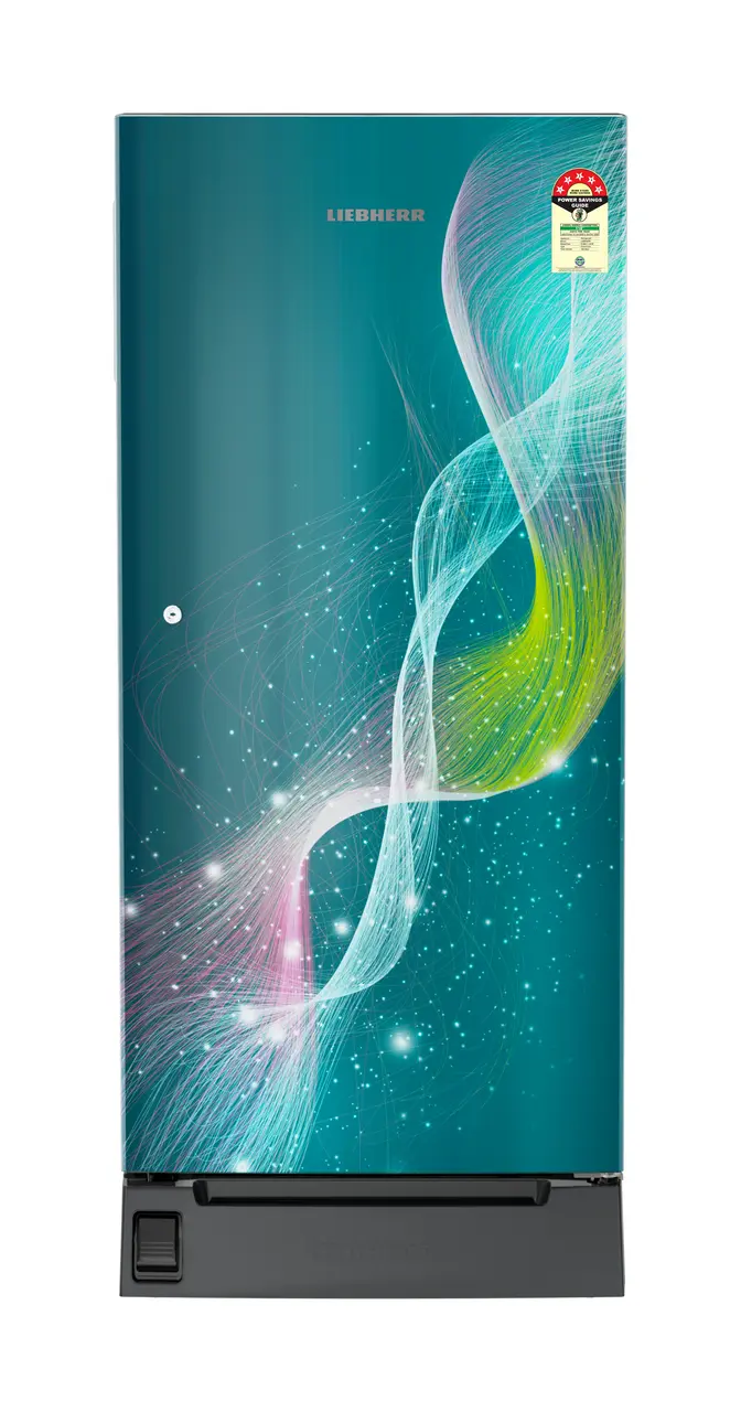 Product image, Perspective: straight closed, Single-door fridge 186 l in 5 star with inverter compressor, Casing colour: grey, Door colour: Teal Strings