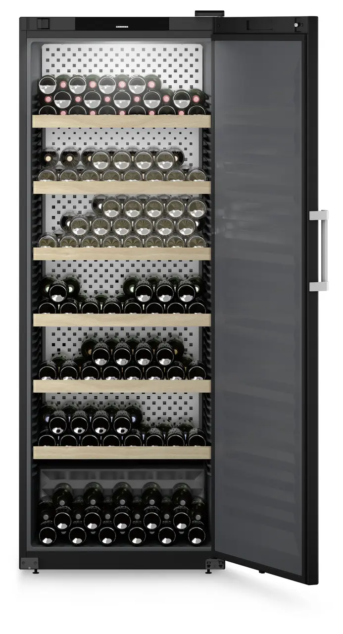 Product image, Perspective: straight open decorated, Wine storage cabinet, Casing colour: black, Door colour: black
