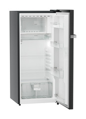 Product image, Perspective: oblique open empty, Single-door refrigerator 202 l in 4 star with iCoolTouch UI, Casing colour: grey, Door colour: BlackSteel