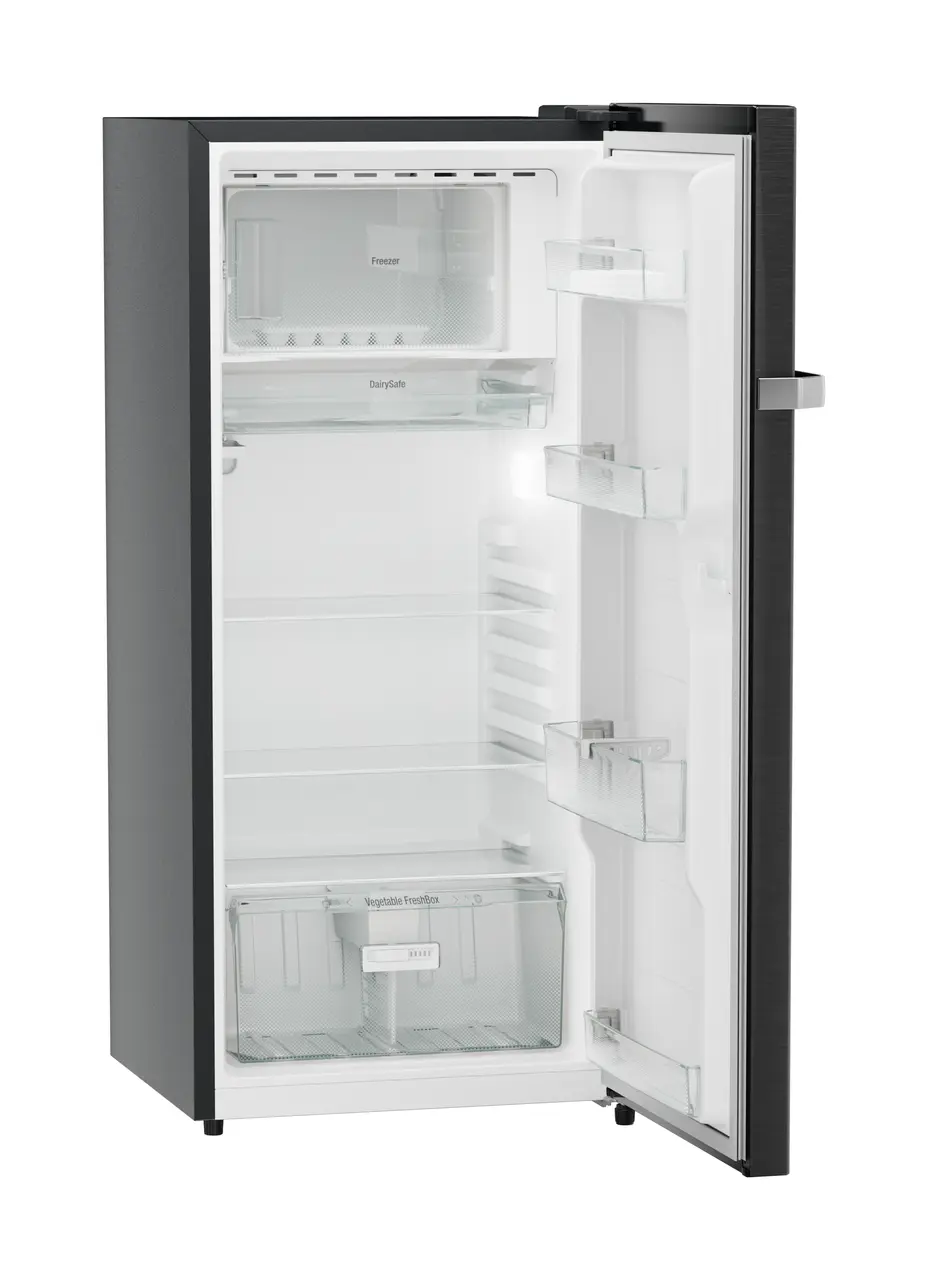 Product image, Perspective: oblique open empty, Single-door refrigerator 202 l in 4 star with iCoolTouch UI, Casing colour: grey, Door colour: BlackSteel