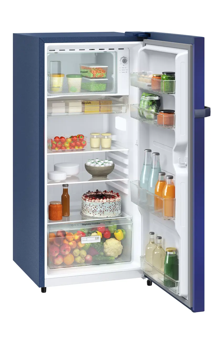 Product image, Perspective: oblique open decorated, Single-door refrigerator 191 l in 2 Star and with horizontal handle, Casing colour: blue, Door colour: Blue Hibiskus