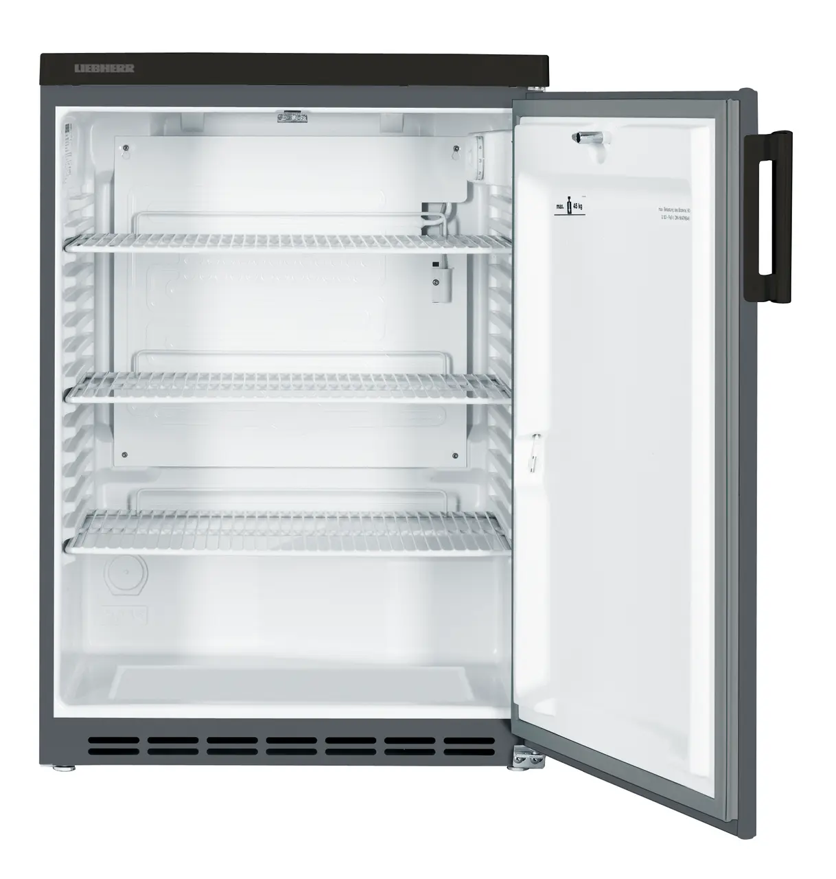 Slika izdelka, Perspektiva: Od spredaj, odprto, prazno, Hladilni aparat s statičnim hlajenjem za podpultno vgradnjo, Barva ohišja: antracit, Barva vrat: antracit