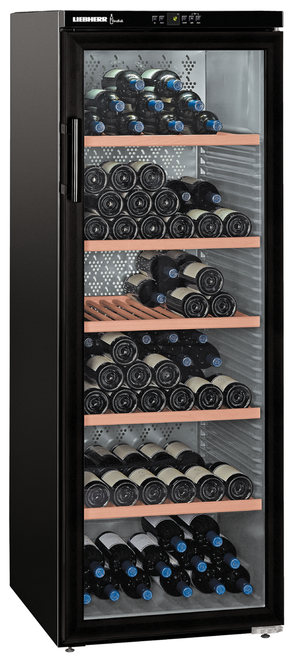 Product image, Perspective: oblique closed decorated, Wine storage cabinet, Casing colour: black, Door colour: black