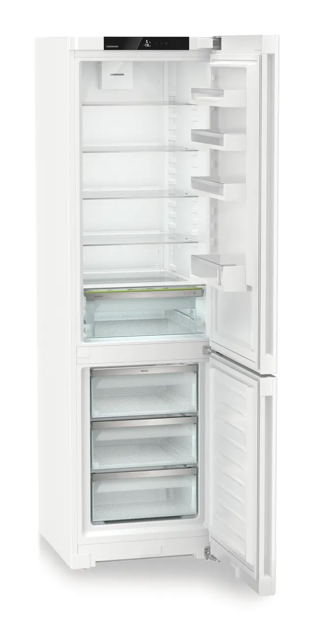 Изображение продукции, Перспектива: Под углом, с открытой дверцей, без продуктов, Комбинированный холодильник-морозильник с EasyFresh и NoFrost, Цвет корпуса: белый, Цвет дверцы: белый