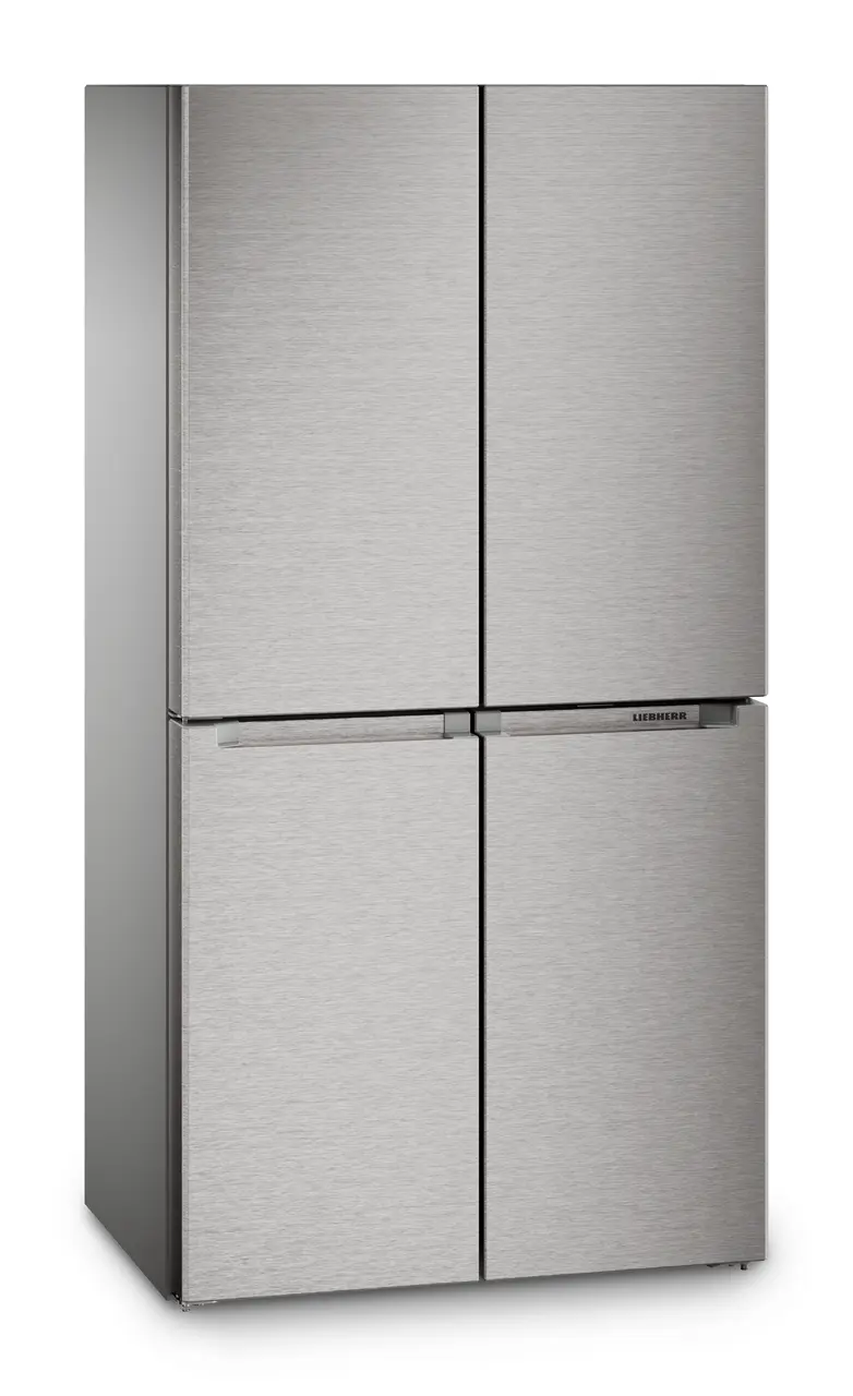 Produkt-Bild, Perspektive: schräg geschlossen, 4-türige French-Door-Kühl-Gefrierkombination mit EasyTwist-Ice, Gehäusefarbe: Silver, Türfarbe: Edelstahl