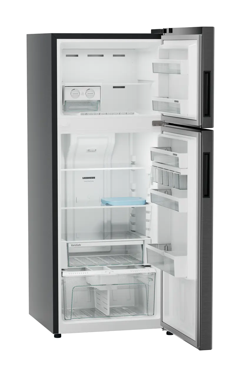 Product image, Perspective: oblique open empty, Fridge-freezer with NoFrost, Casing colour: grey, Door colour: BlackSteel