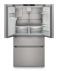 Product image, Perspective: straight open empty, French door fridge-freezer with 2 freezer drawers and water and ice cube dispenser, Casing colour: silver, Door colour: stainless steel