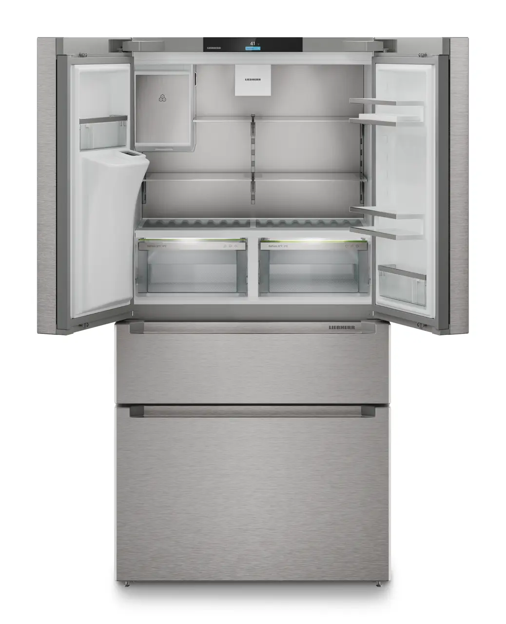 Product image, Perspective: straight open empty, French door fridge-freezer with 2 freezer drawers and water and ice cube dispenser, Casing colour: silver, Door colour: stainless steel