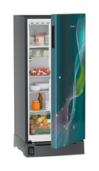 Product image, Perspective: oblique half-open decorated, Single-door refrigerator 191 l in 5 star with inverter compressor, Casing colour: grey, Door colour: Teal Strings