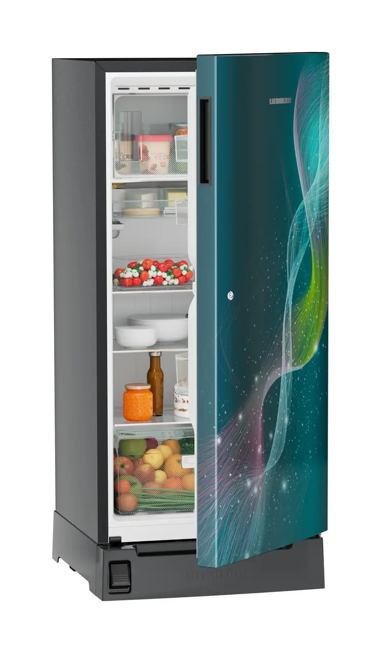Product image, Perspective: oblique half-open decorated, Single-door refrigerator 191 l in 5 star with inverter compressor, Casing colour: grey, Door colour: Teal Strings