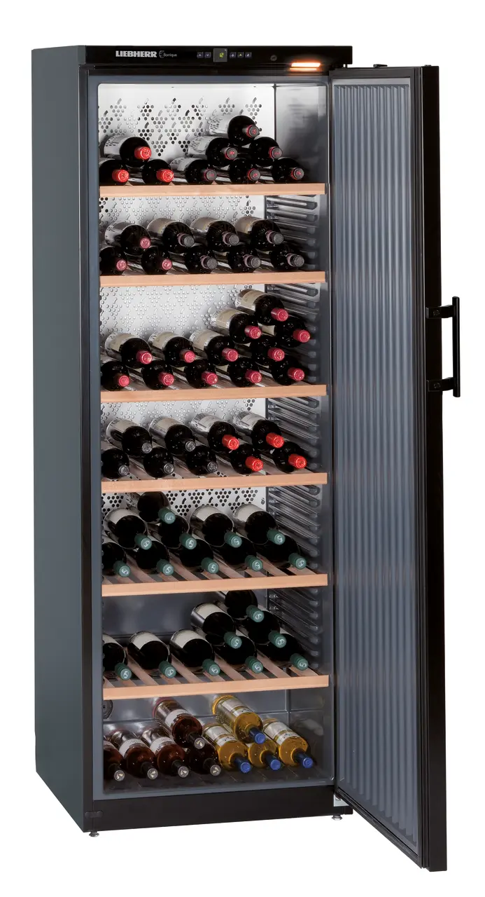 Product image, Perspective: oblique open decorated, Wine storage cabinet, Casing colour: black, Door colour: black