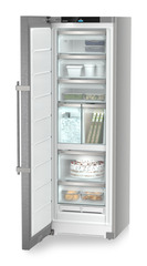 Product image, Perspective: oblique open decorated, Freestanding freezer with NoFrost and IceTower, Casing colour: silver, Door colour: stainless steel