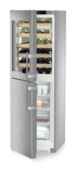 Product image, Perspective: oblique half-open decorated, Combination with NoFrost freezer compartment and wine tempering compartment, Casing colour: stainless steel, Door colour: stainless steel