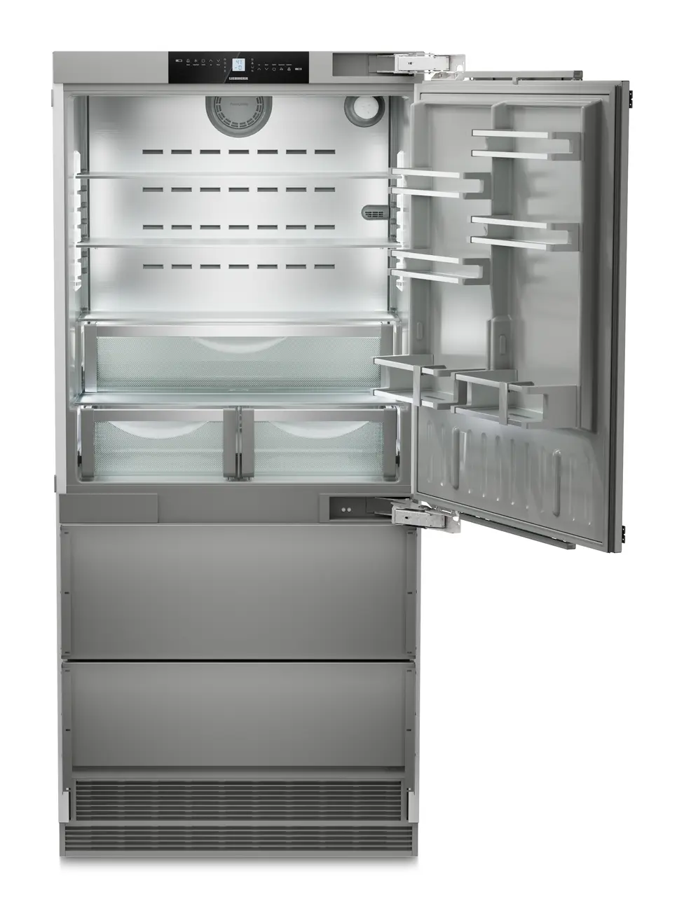 Product image, Perspective: straight open empty, Combined refrigerator-freezer with NoFrost for integrated use, Casing colour: Anthracite