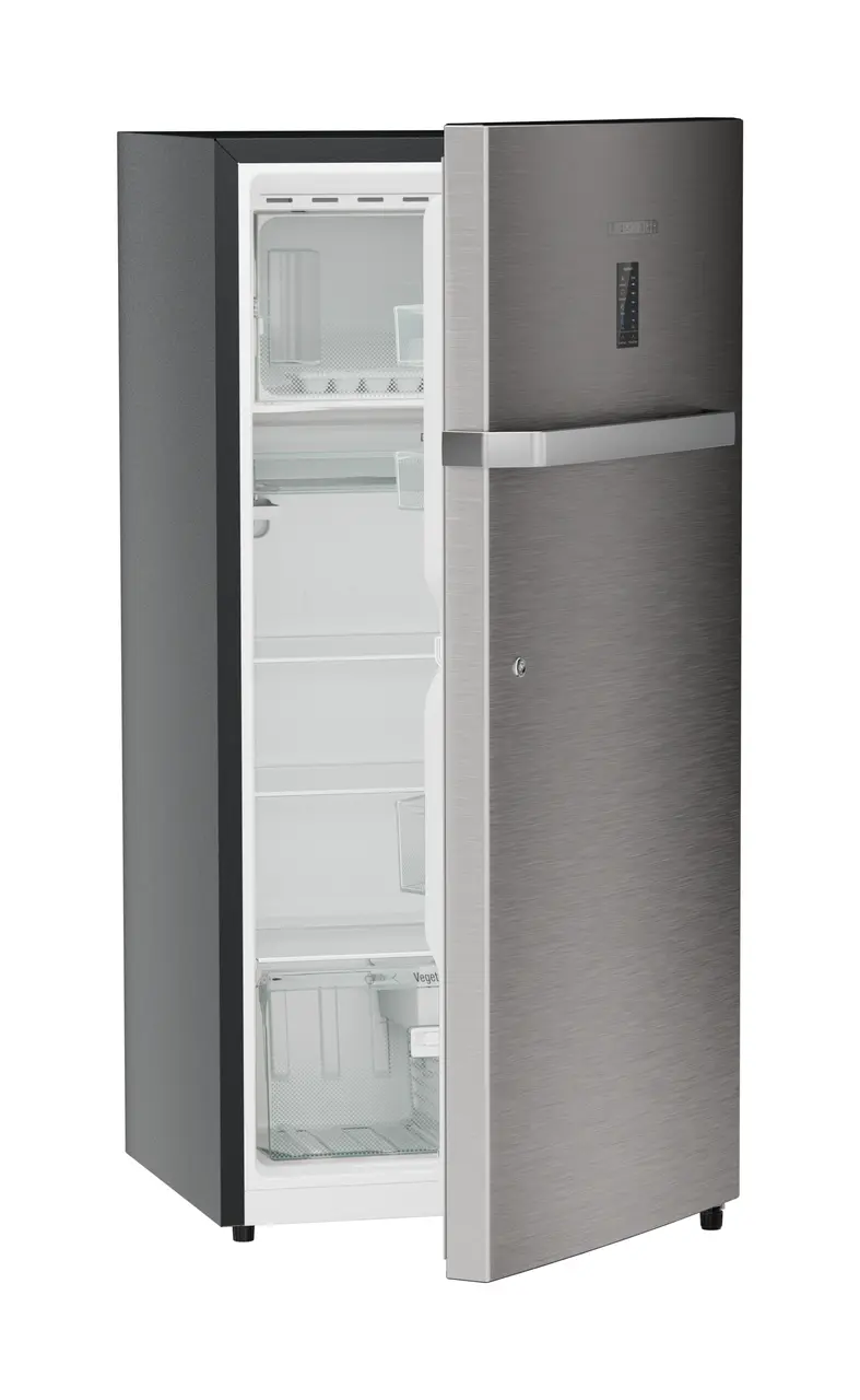 Product image, Perspective: oblique half-open empty, Single-door refrigerator 191 l in 4 star with iCoolTouch UI, Casing colour: grey, Door colour: Stainless Steel