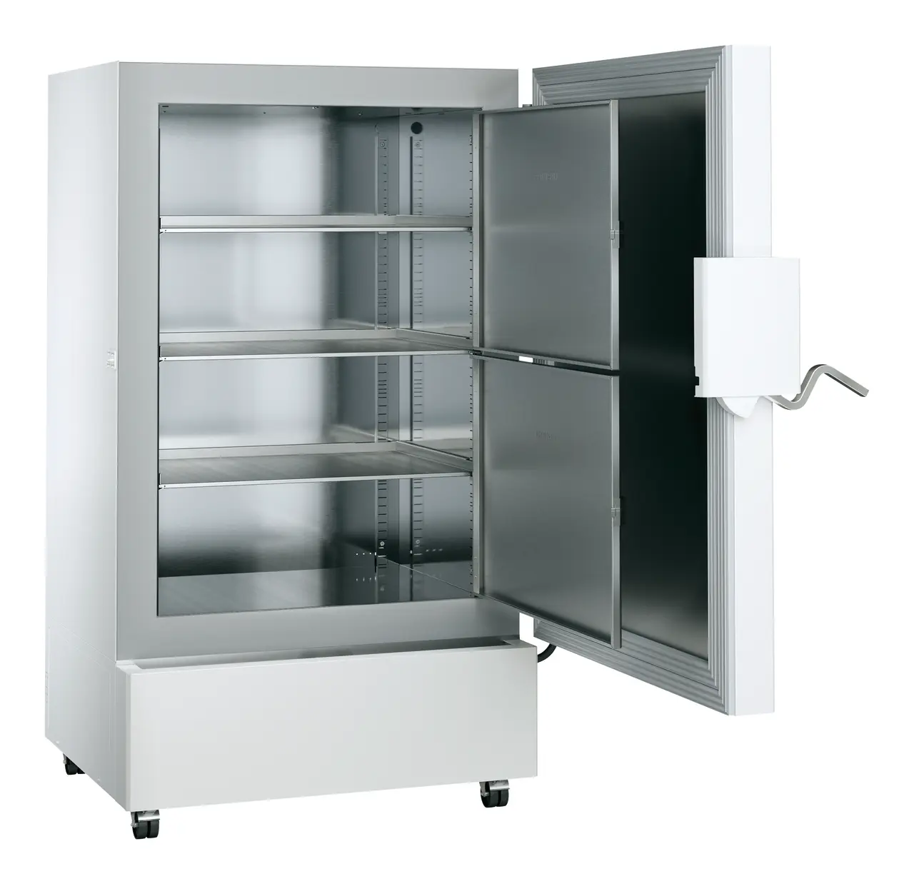 Product image, Perspective: oblique open empty, Scientific Ultra-Low-Temperature Freezer, Casing colour: white, Door colour: white