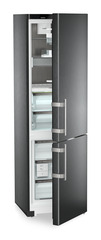 Product image, Perspective: oblique half-open empty, Fridge-freezer with BioFresh and NoFrost, Casing colour: BlackSteel, Door colour: BlackSteel