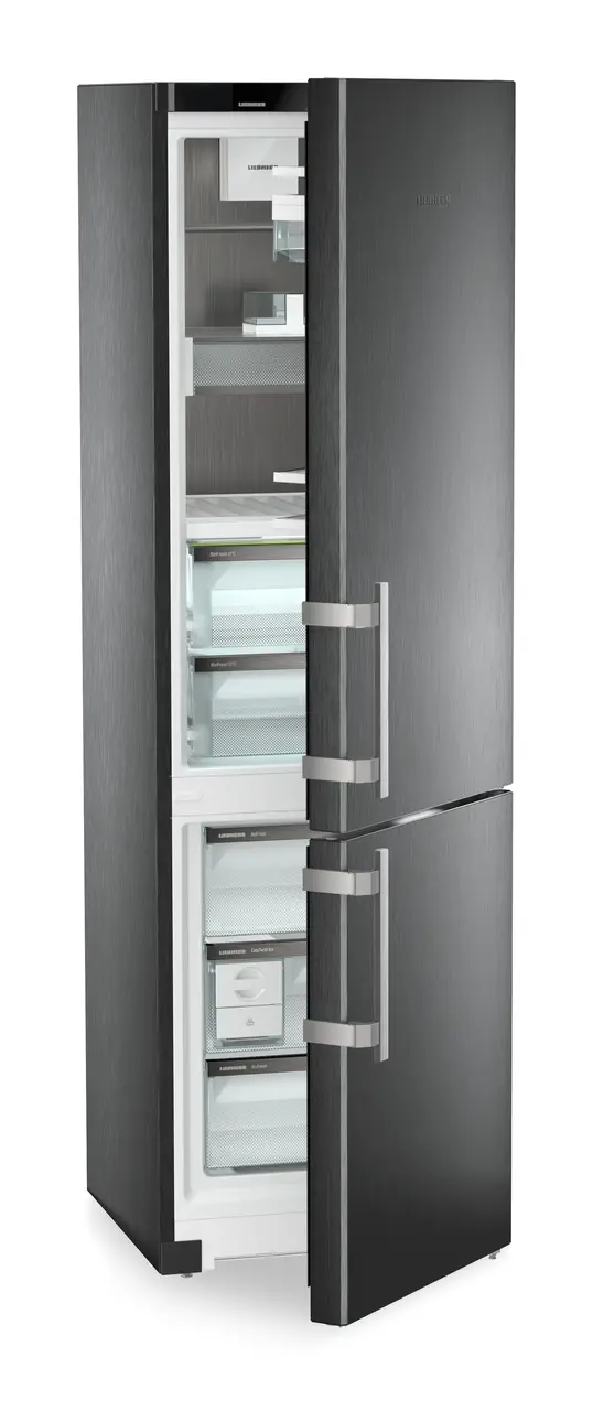 Product image, Perspective: oblique half-open empty, Fridge-freezer with BioFresh and NoFrost, Casing colour: BlackSteel, Door colour: BlackSteel