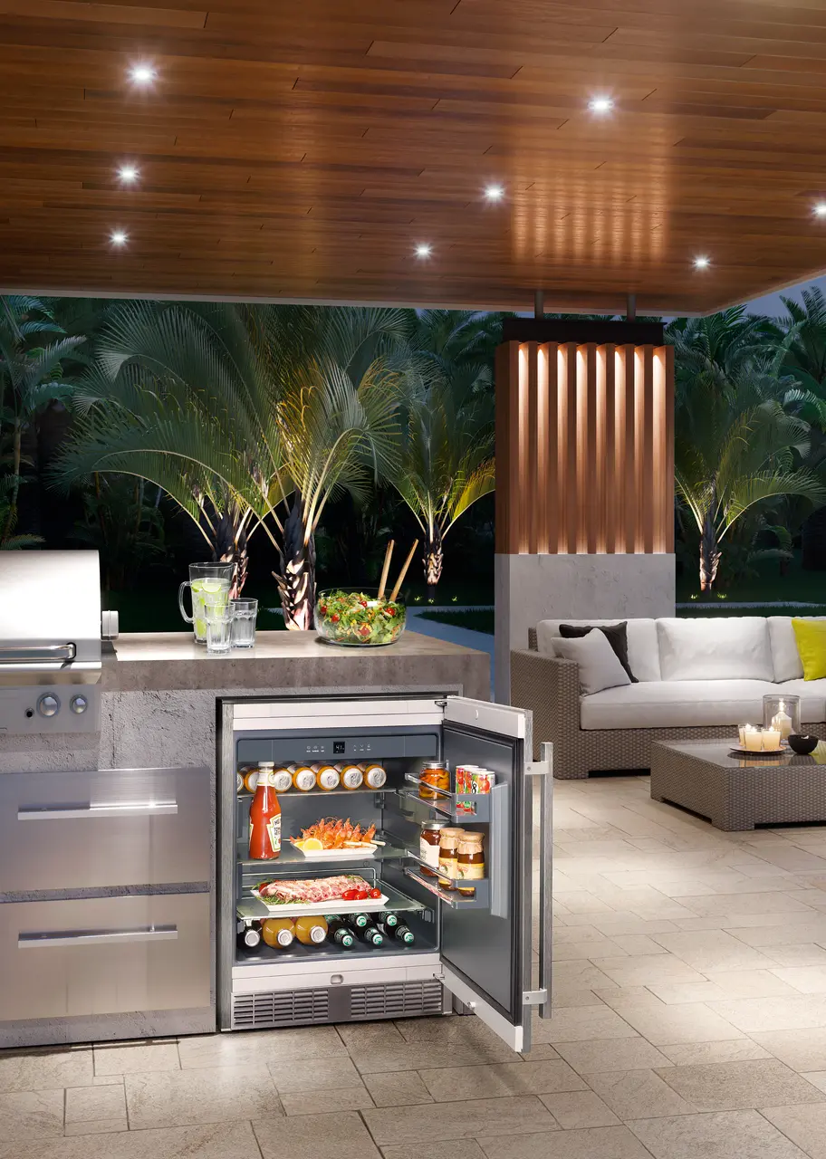 Product image, Perspective: milieu, Outdoor fridge, Casing colour: grey, Door colour: stainless steel