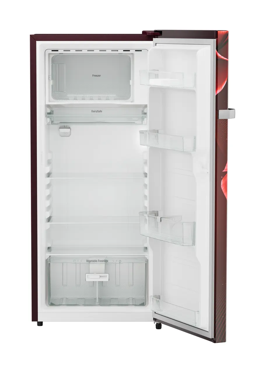 Product image, Perspective: straight open empty, Single-door refrigerator 202 l in 4 star with iCoolTouch UI, Casing colour: red, Door colour: Red Divine