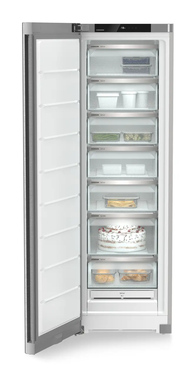 Product image, Perspective: straight open decorated, Freestanding freezer with NoFrost, Casing colour: silver, Door colour: stainless steel