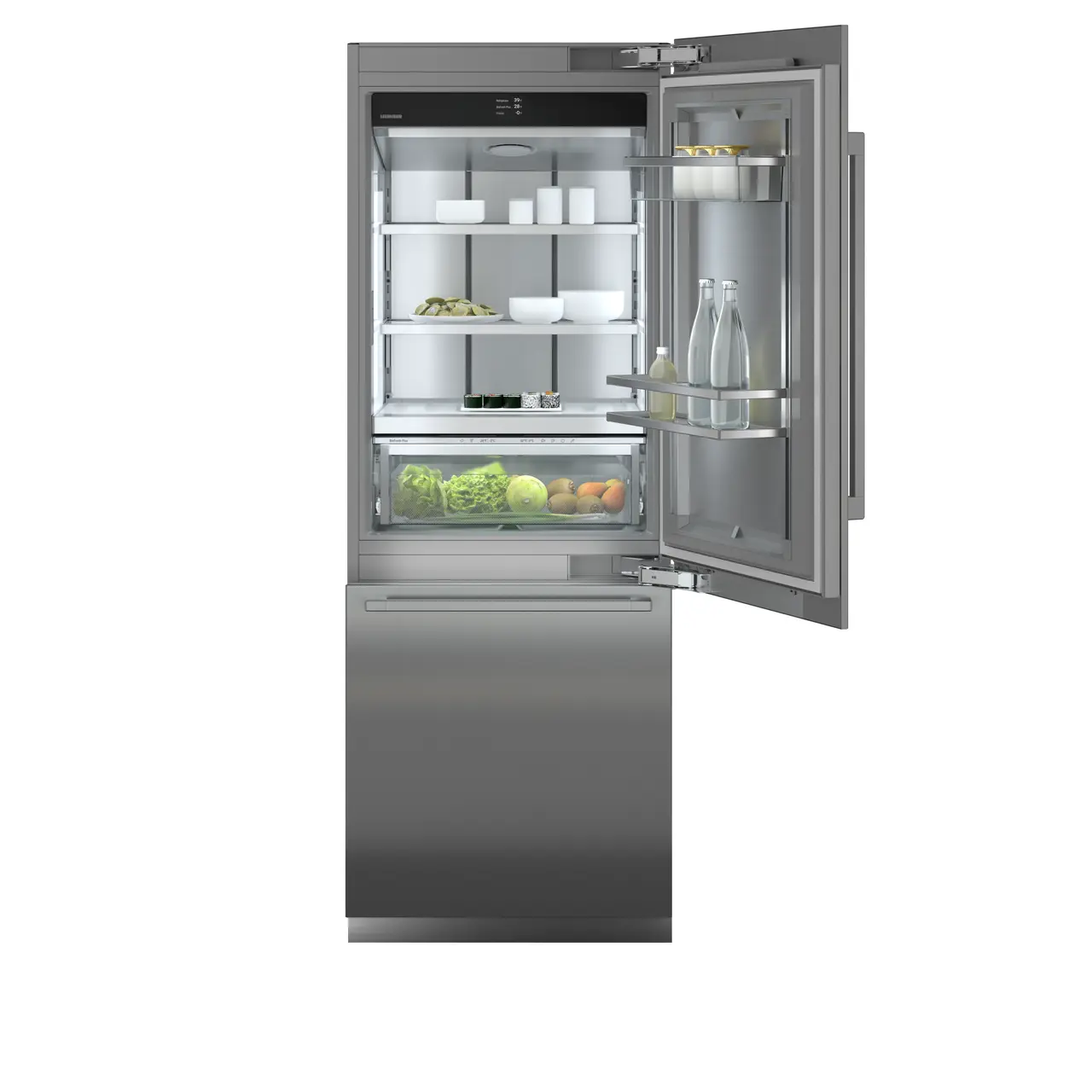 Product image, Perspective: straight open decorated, Combined refrigerator-freezer with BioFresh and NoFrost for integrated use, Casing colour: grey
