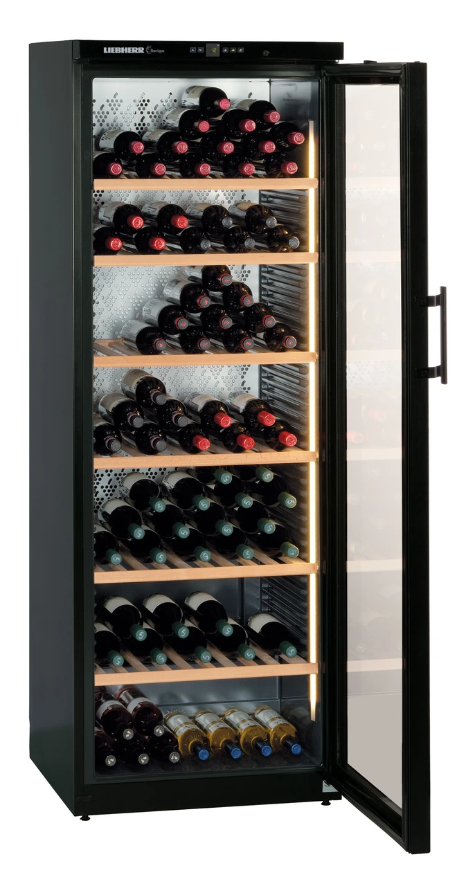 Product image, Perspective: oblique open decorated, Wine storage cabinet, Casing colour: black, Door colour: black
