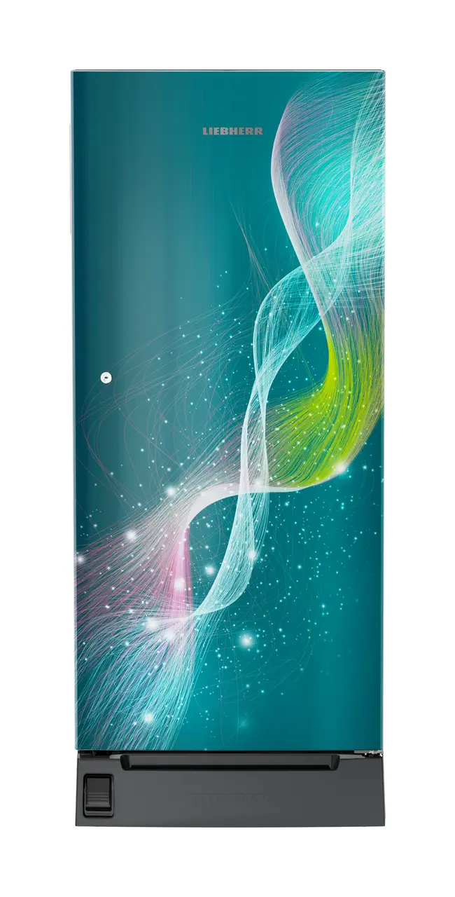 Product image, Perspective: straight closed, Single-door refrigerator 202 l in 5 star with inverter compressor, Casing colour: grey, Door colour: Teal Strings