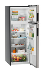 Product image, Perspective: oblique open decorated, Fridge-freezer with NoFrost, Casing colour: grey, Door colour: Grey Steel
