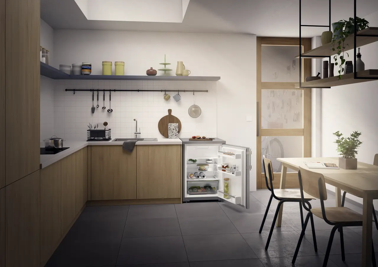 Изображение на продукта, Перспектива: Околна среда, Малък хладилник с EasyFresh, Цвят на корпуса: фино сребро, Цвят на вратата: благородна стомана