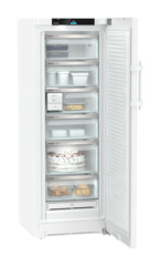 Product image, Perspective: oblique open decorated, Freestanding freezer with NoFrost and EasyTwist-Ice, Casing colour: white, Door colour: white