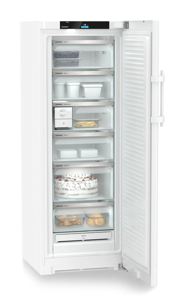 Product image, Perspective: oblique open decorated, Freestanding freezer with NoFrost and EasyTwist-Ice, Casing colour: white, Door colour: white