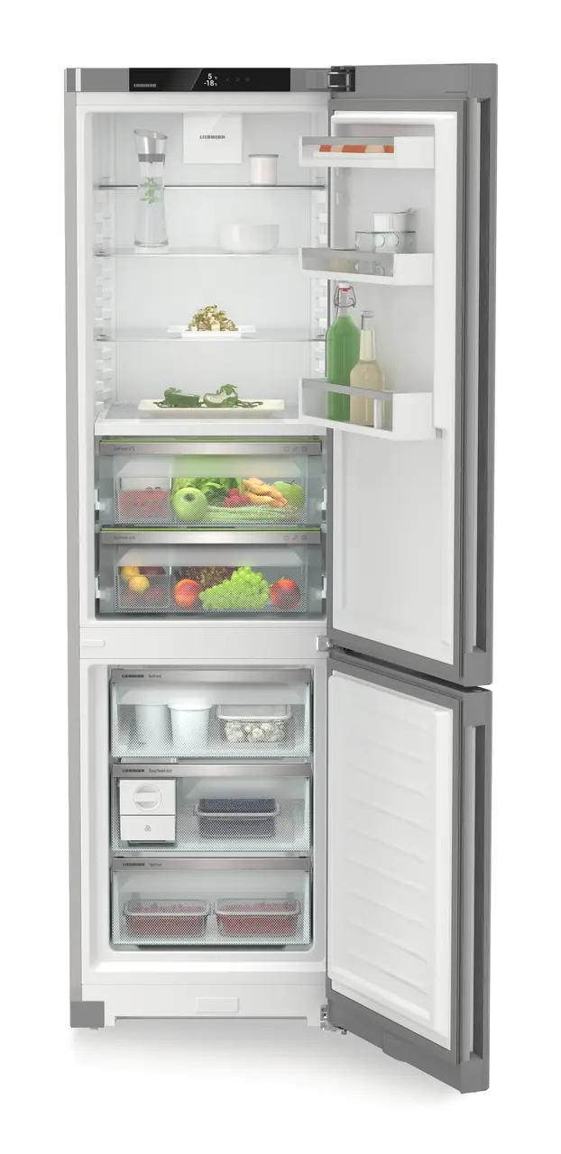 Product image, Perspective: straight open decorated, Fridge-freezer with BioFresh and NoFrost, Casing colour: silver, Door colour: Steelfinish