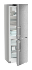 Product image, Perspective: oblique half-open empty, Combined fridge-freezers with EasyFresh and NoFrost, Casing colour: silver, Door colour: stainless steel