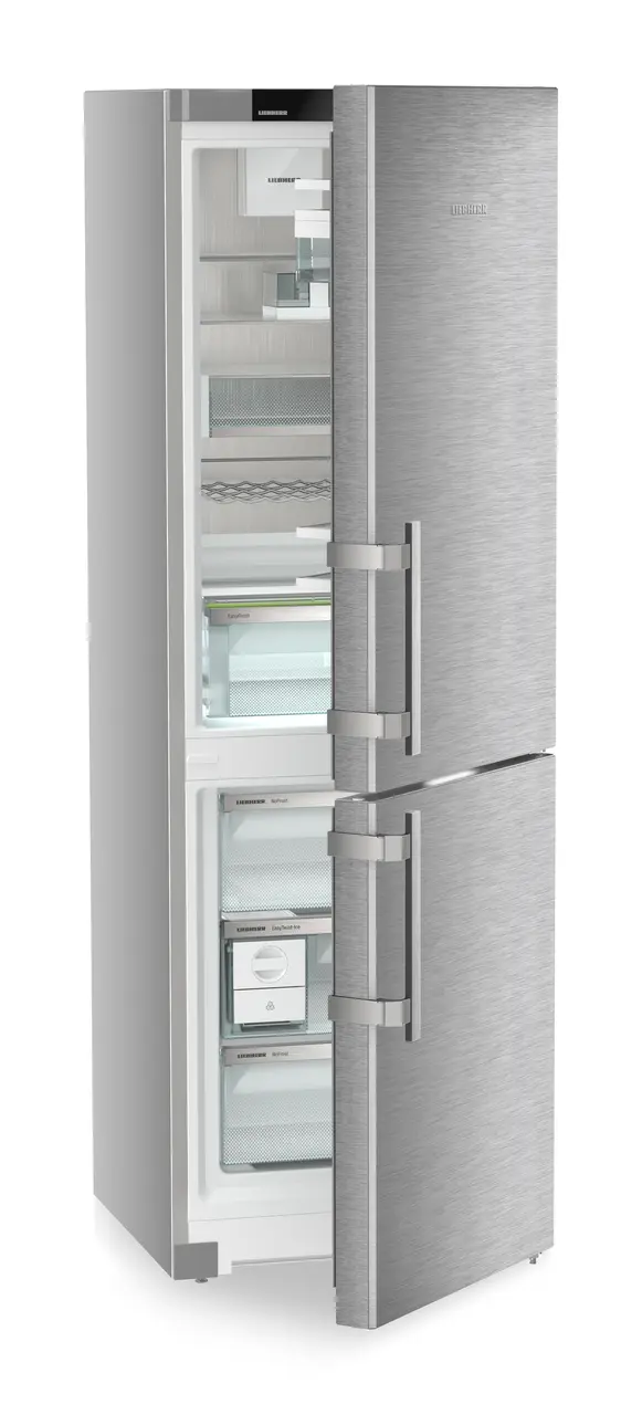Product image, Perspective: oblique half-open empty, Combined fridge-freezers with EasyFresh and NoFrost, Casing colour: silver, Door colour: stainless steel