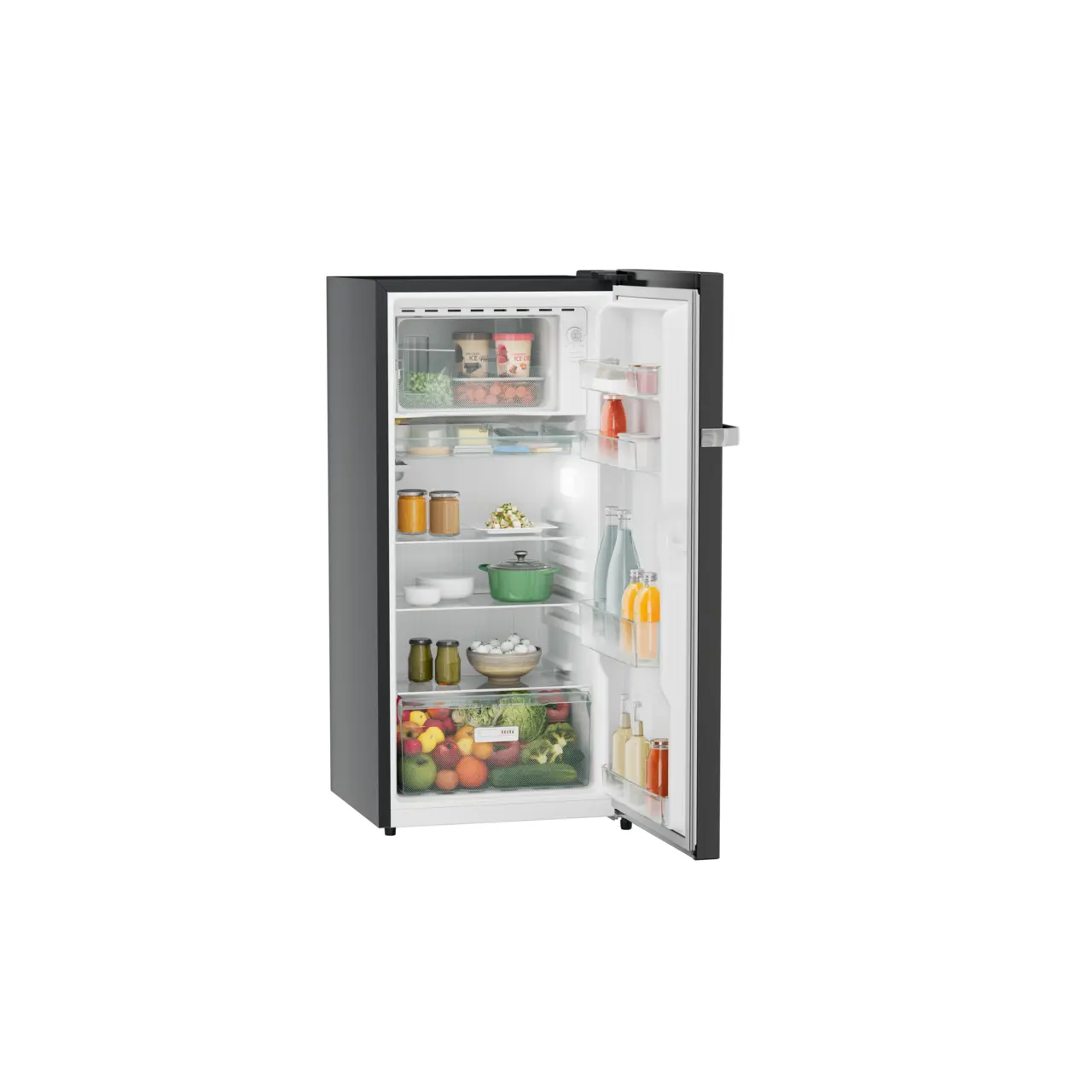 Product image, Perspective: oblique open decorated, Single-door refrigerator 191 l in 5 star with inverter compressor, Casing colour: grey, Door colour: Black Gloss