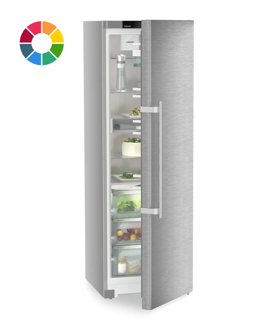 Produkt-Bild, Perspektive: schräg halb offen dekoriert, Standkühlschrank mit BioFresh, Gehäusefarbe: individuell, Türfarbe: individuell