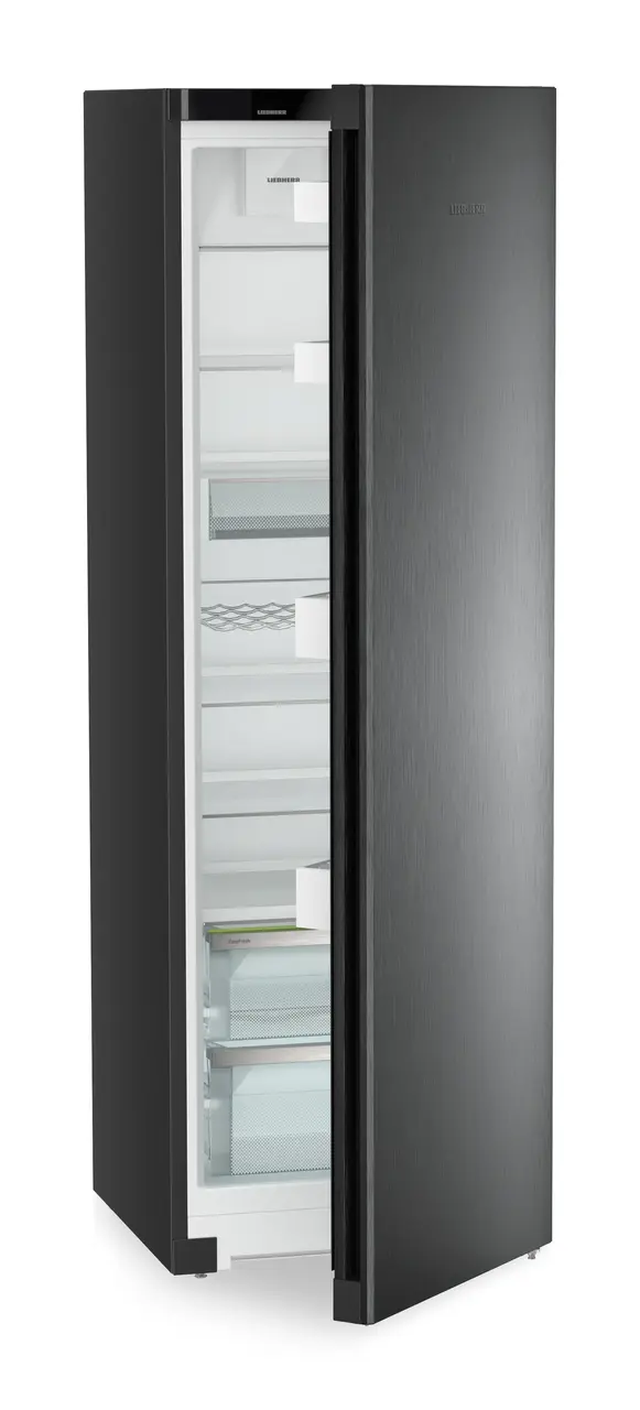 Product image, Perspective: oblique half-open empty, Freestanding fridge with EasyFresh, Casing colour: black, Door colour: BlackSteel
