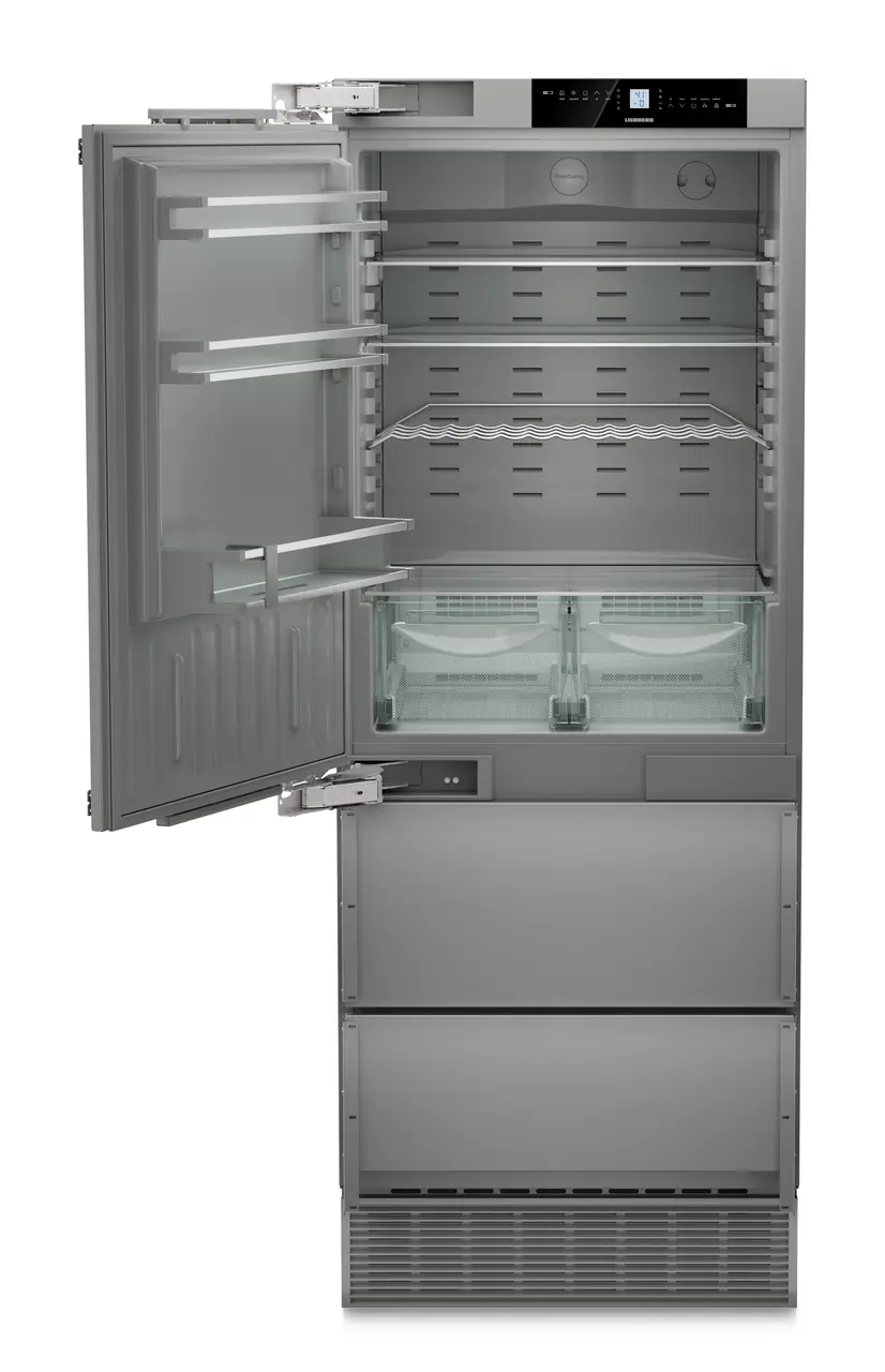 Product image, Perspective: straight open empty, Combined refrigerator-freezer with NoFrost for integrated use, Casing colour: Anthracite