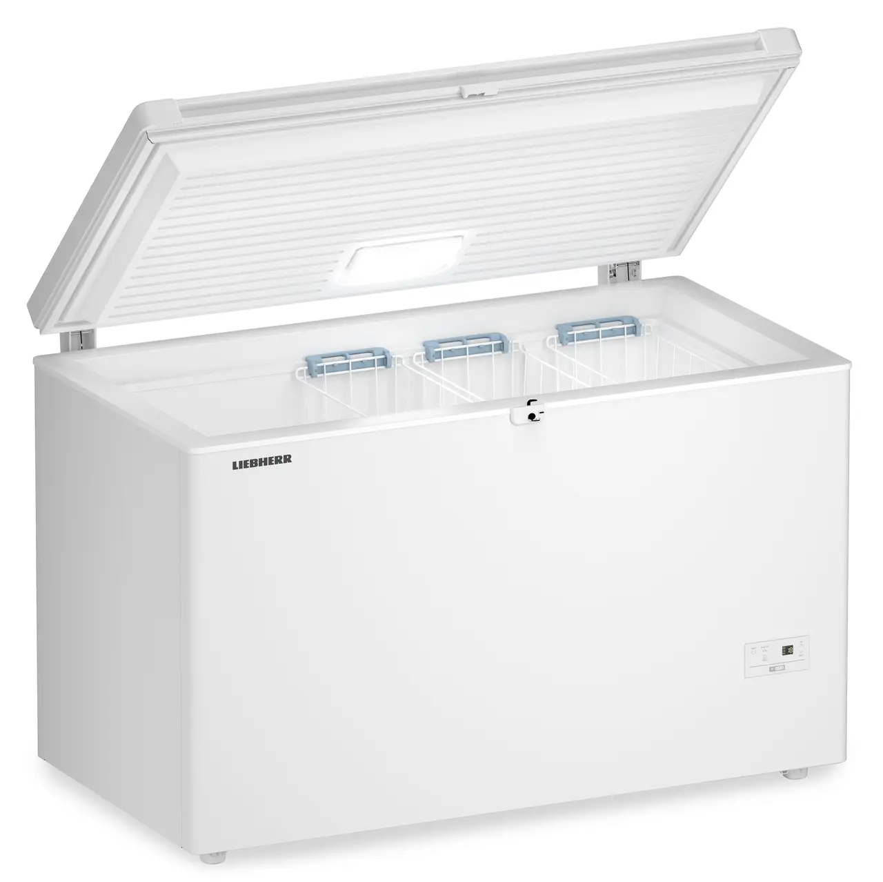 Produkt-Bild, Perspektive: schräg offen leer, Gefriertruhe, Gehäusefarbe: Weiß, Türfarbe: Weiß