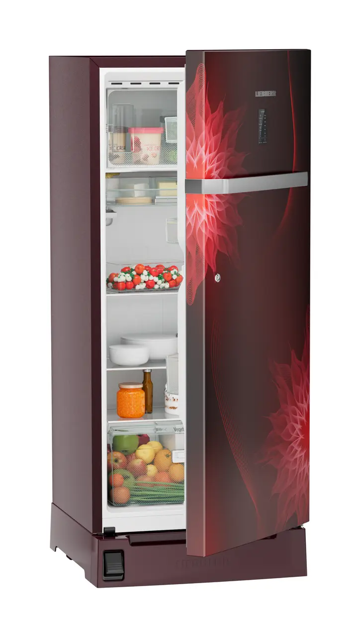 Product image, Perspective: oblique half-open decorated, Single-door refrigerator 202 l with foot pedal base drawer and iCoolTouch UI, Casing colour: red, Door colour: Red Mystiq