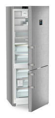 Product image, Perspective: oblique half-open empty, Fridge-freezer with BioFresh and NoFrost, Casing colour: silver, Door colour: stainless steel
