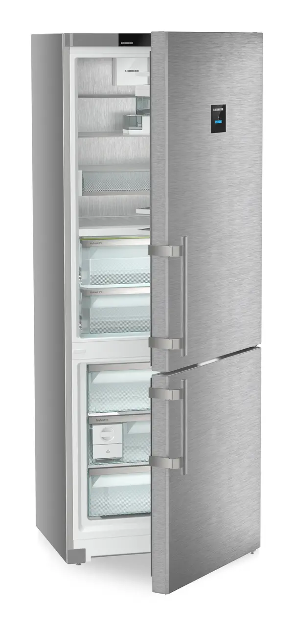 Product image, Perspective: oblique half-open empty, Fridge-freezer with BioFresh and NoFrost, Casing colour: silver, Door colour: stainless steel
