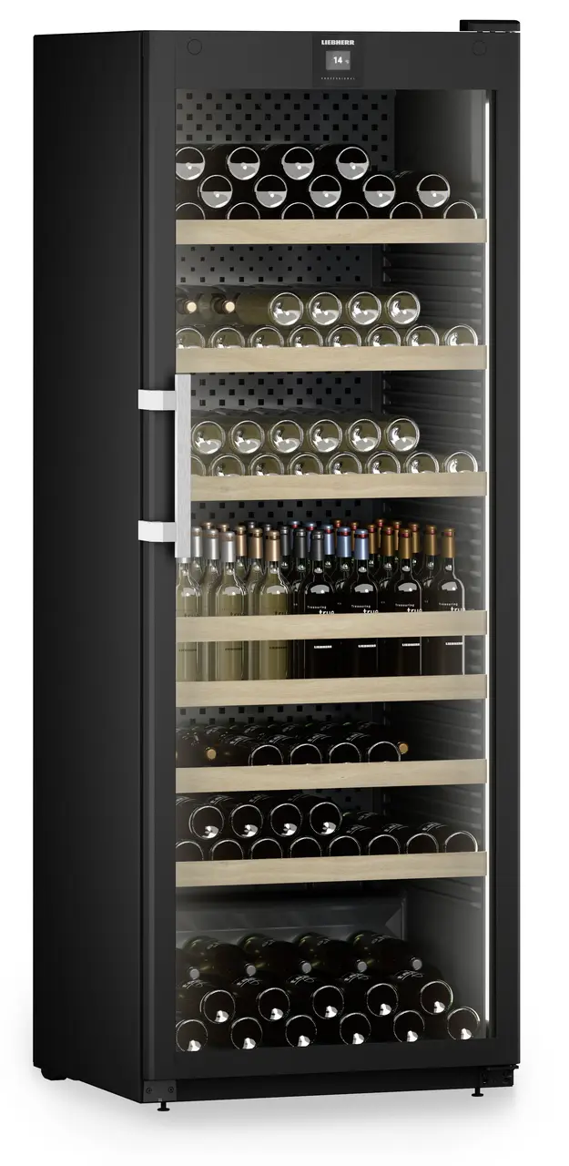 Produkt-Bild, Perspektive: schräg geschlossen dekoriert, Weinschrank Professional, Gehäusefarbe: Schwarz, Türfarbe: Schwarz