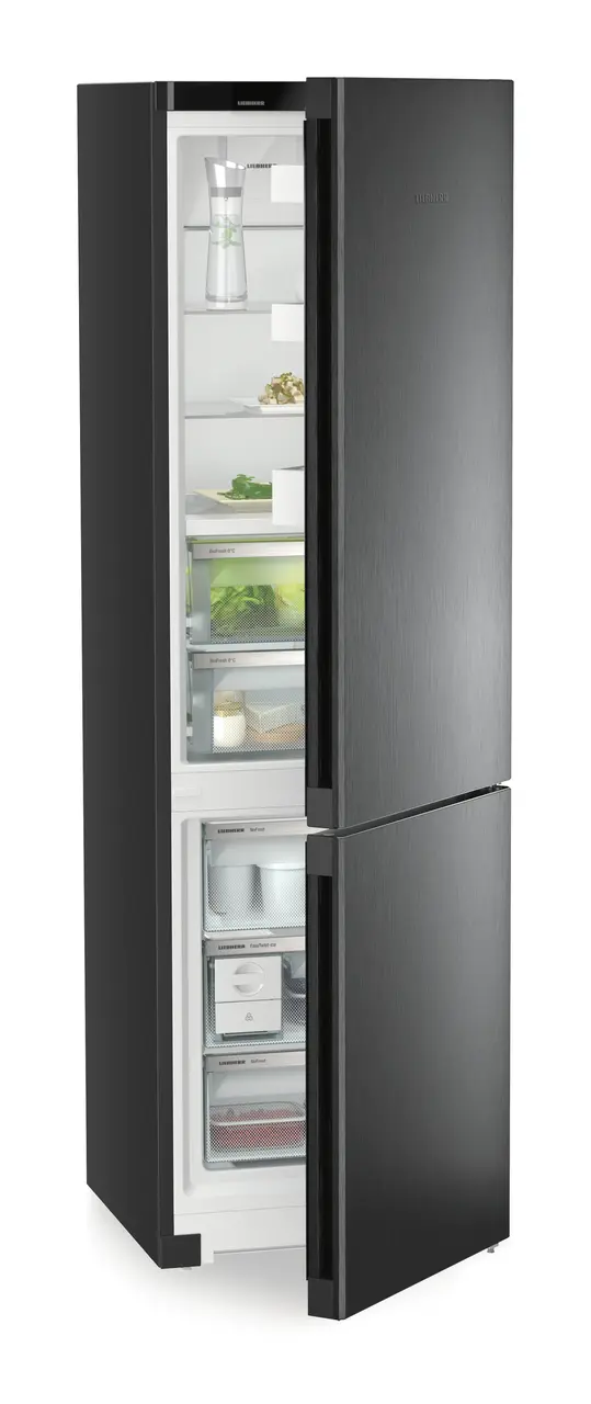 Product image, Perspective: oblique half-open decorated, Fridge-freezer with BioFresh and NoFrost, Casing colour: black, Door colour: BlackSteel