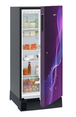 Product image, Perspective: oblique half-open decorated, Single-door refrigerator 191 l in 3 star with foot pedal base drawer, Casing colour: grey, Door colour: Purple Strings