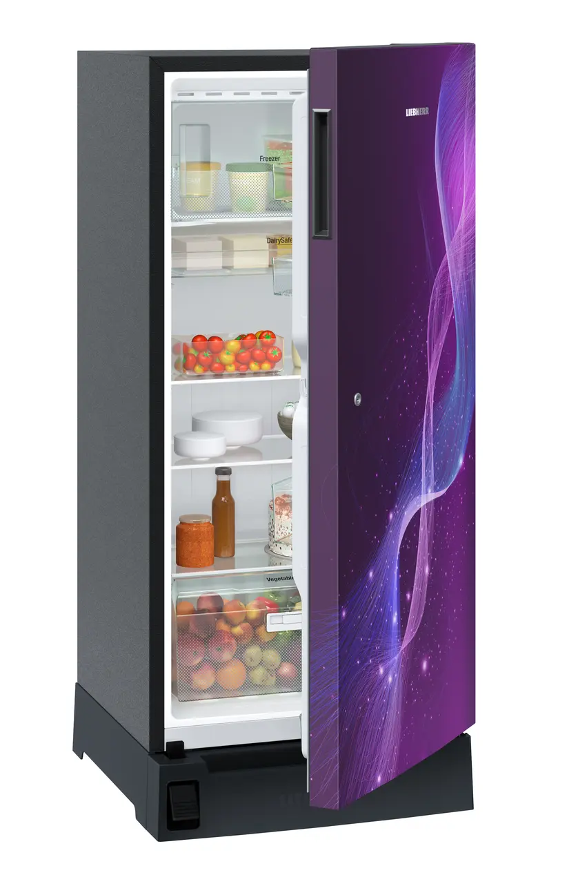 Product image, Perspective: oblique half-open decorated, Single-door refrigerator 191 l in 3 star with foot pedal base drawer, Casing colour: grey, Door colour: Purple Strings