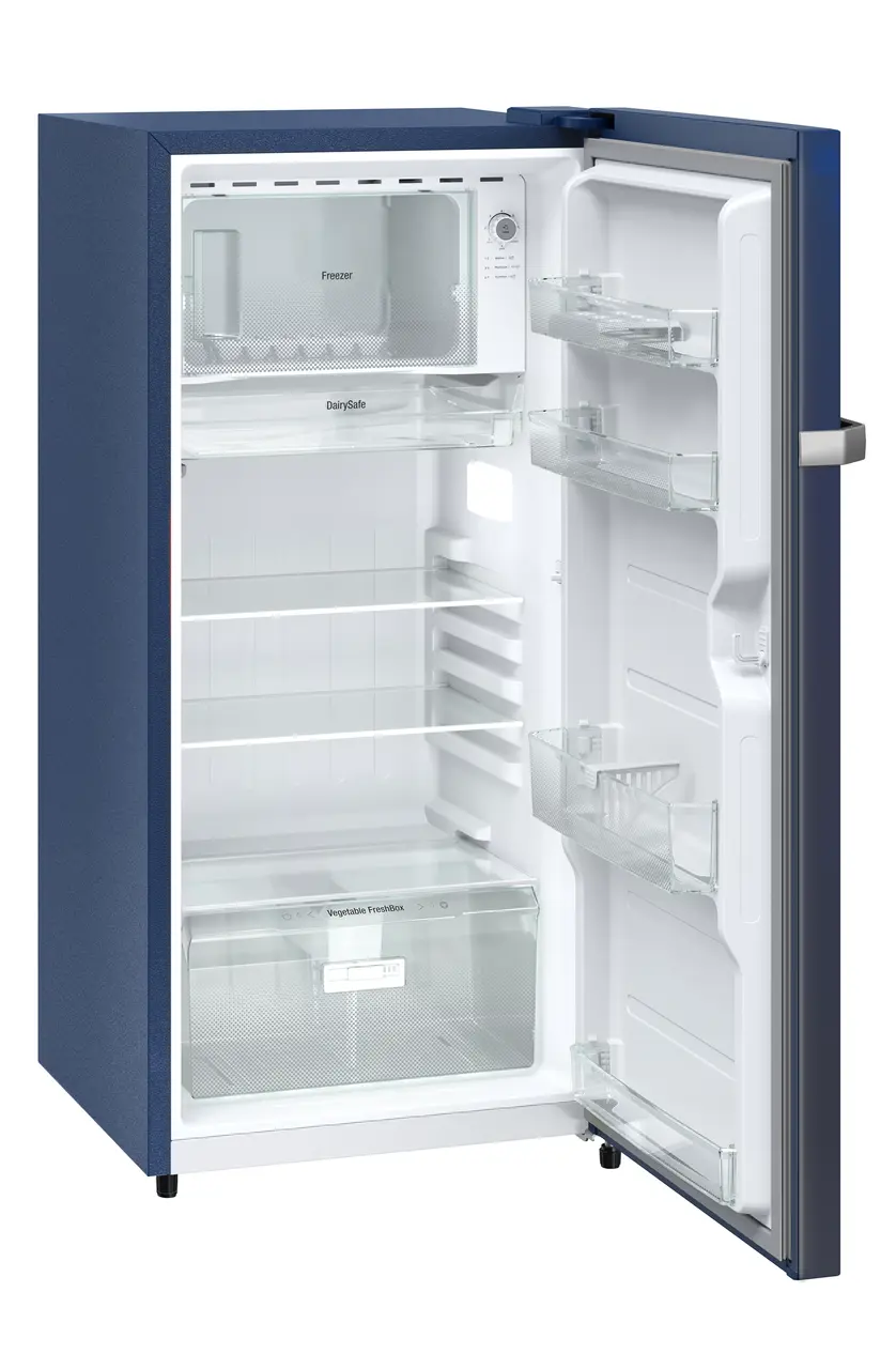 Product image, Perspective: oblique open empty, Single-door refrigerator 191 l in 5 star with inverter compressor, Casing colour: blue, Door colour: Blue Rosette