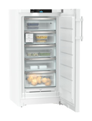 Produkt-Bild, Perspektive: schräg offen dekoriert, Standgefrierschrank mit NoFrost und EasyTwist-Ice, Gehäusefarbe: Weiß, Türfarbe: Weiß